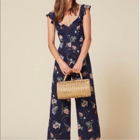 Reformation open back floral jumpsuit in navy ruffle shoulders - Picture 1 of 4